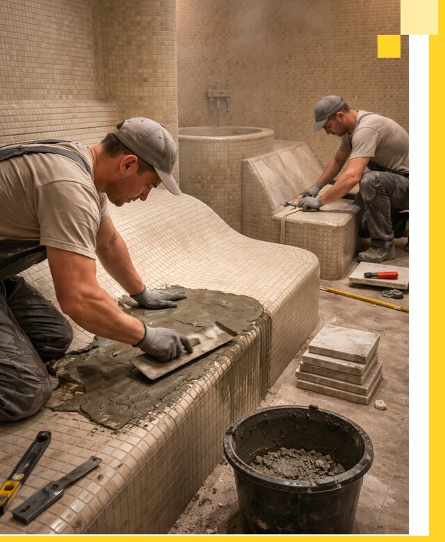 Лежаки для хамама под ключ в Дивногорске, проект и монтаж